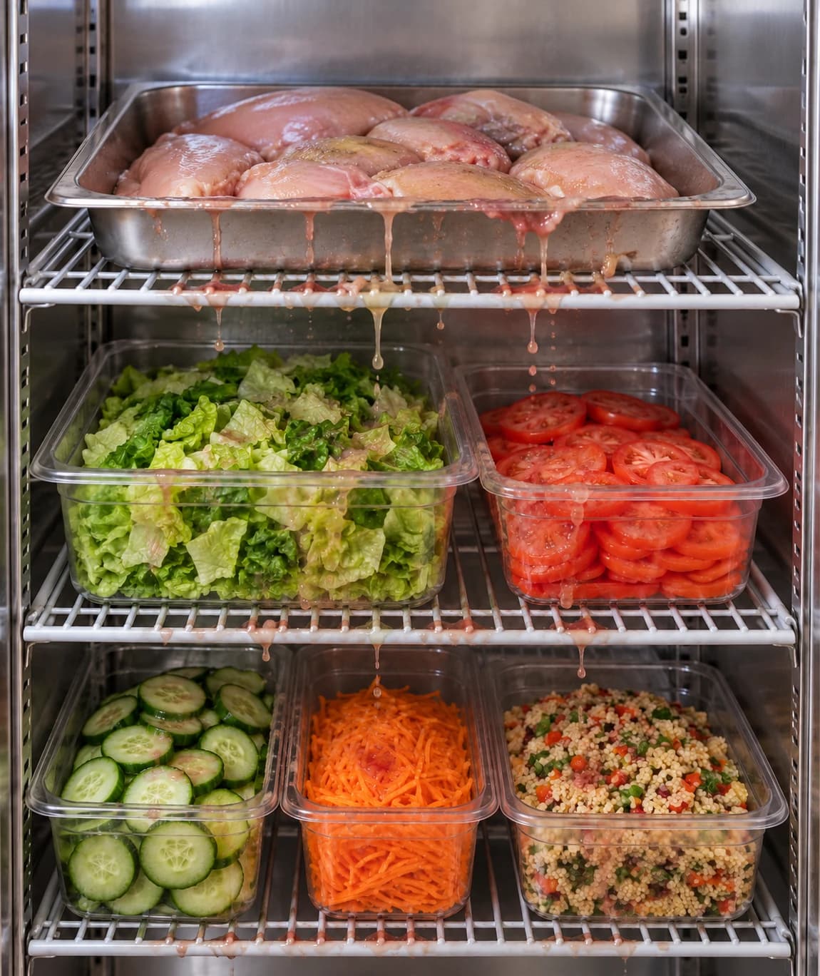 Bandeja de carne cruda goteando sobre contenedores de lechuga y tomate en la repisa de abajo del refrigerador